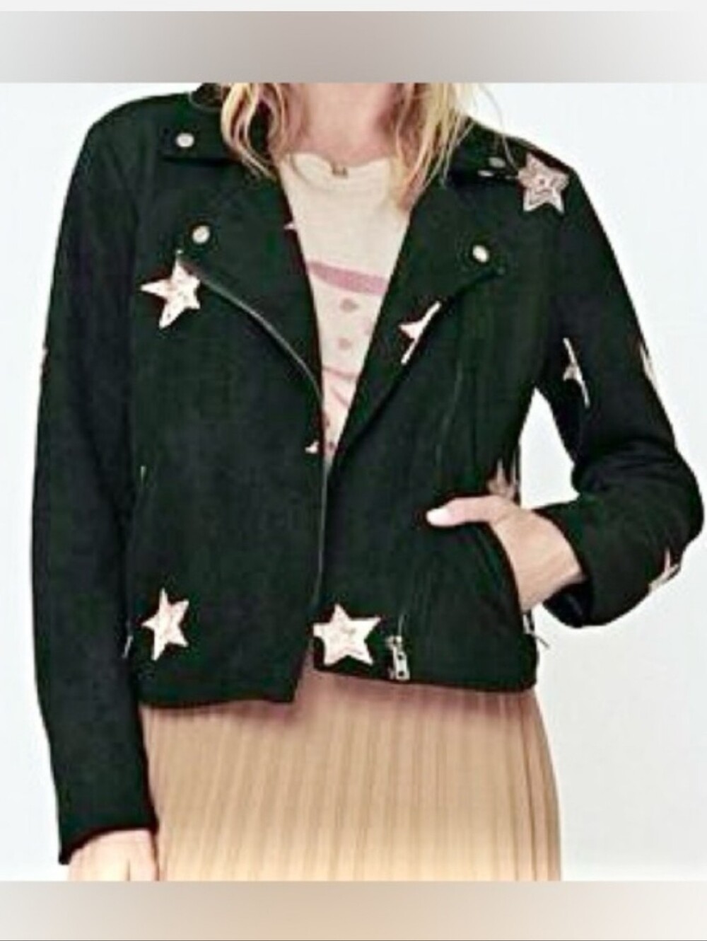 PROMESA Starcatcher Black Vegan Suede Moto Jacket Embroidered Stars Size Small